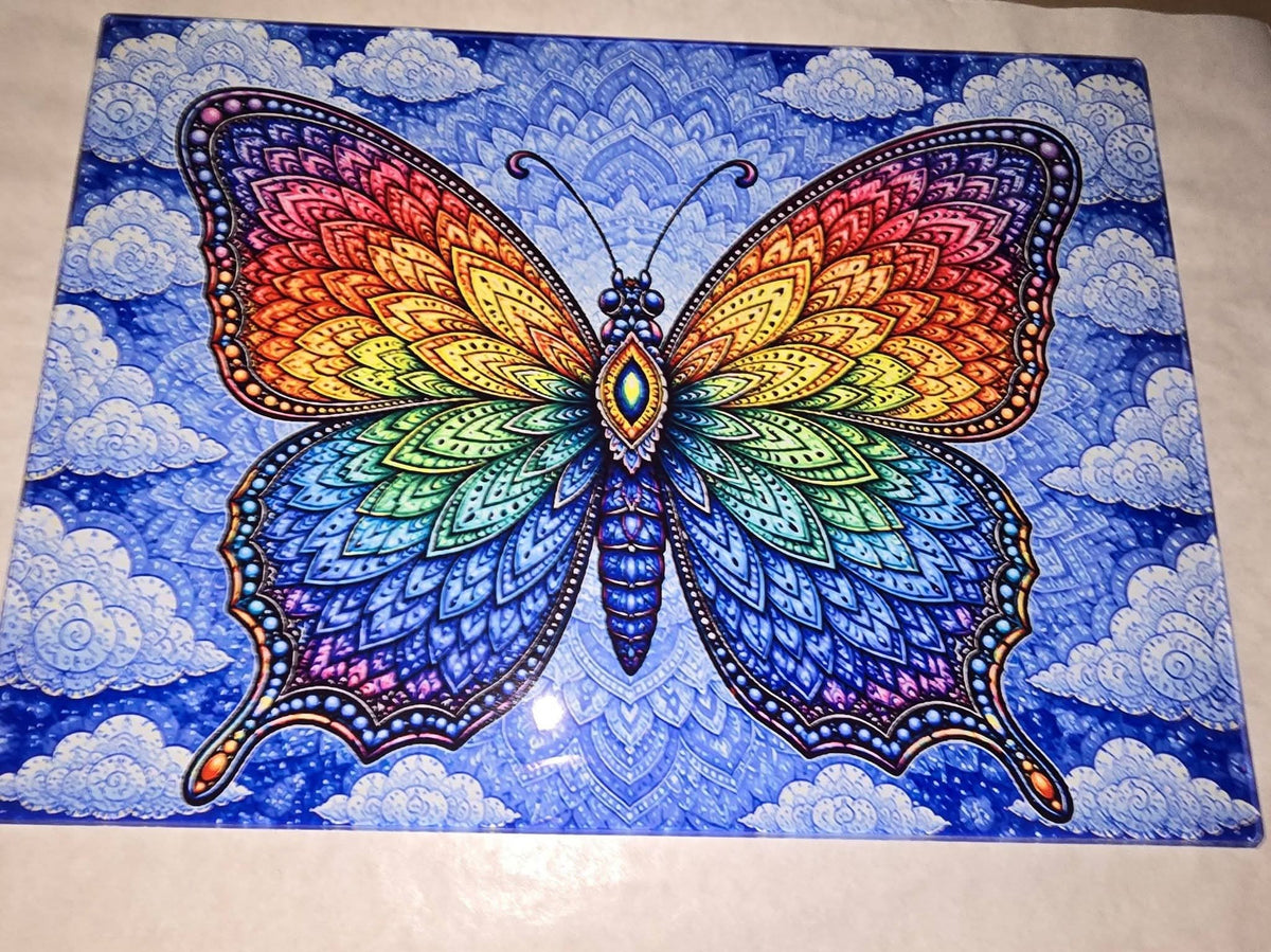 Rainbow Mandala Butterfly – Glass Chopping Board