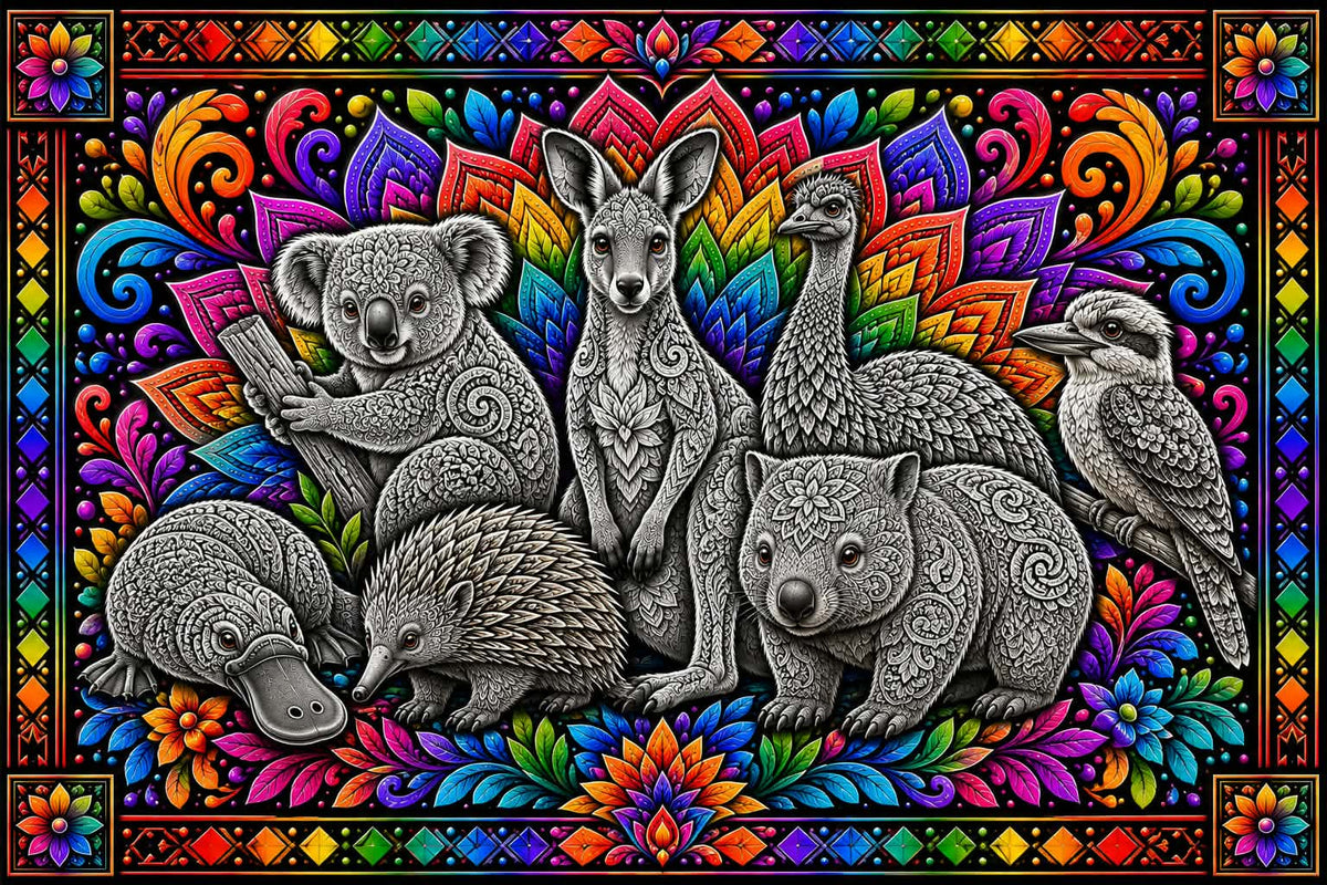 Australian Animals Rainbow Mandala – Glass Chopping Board