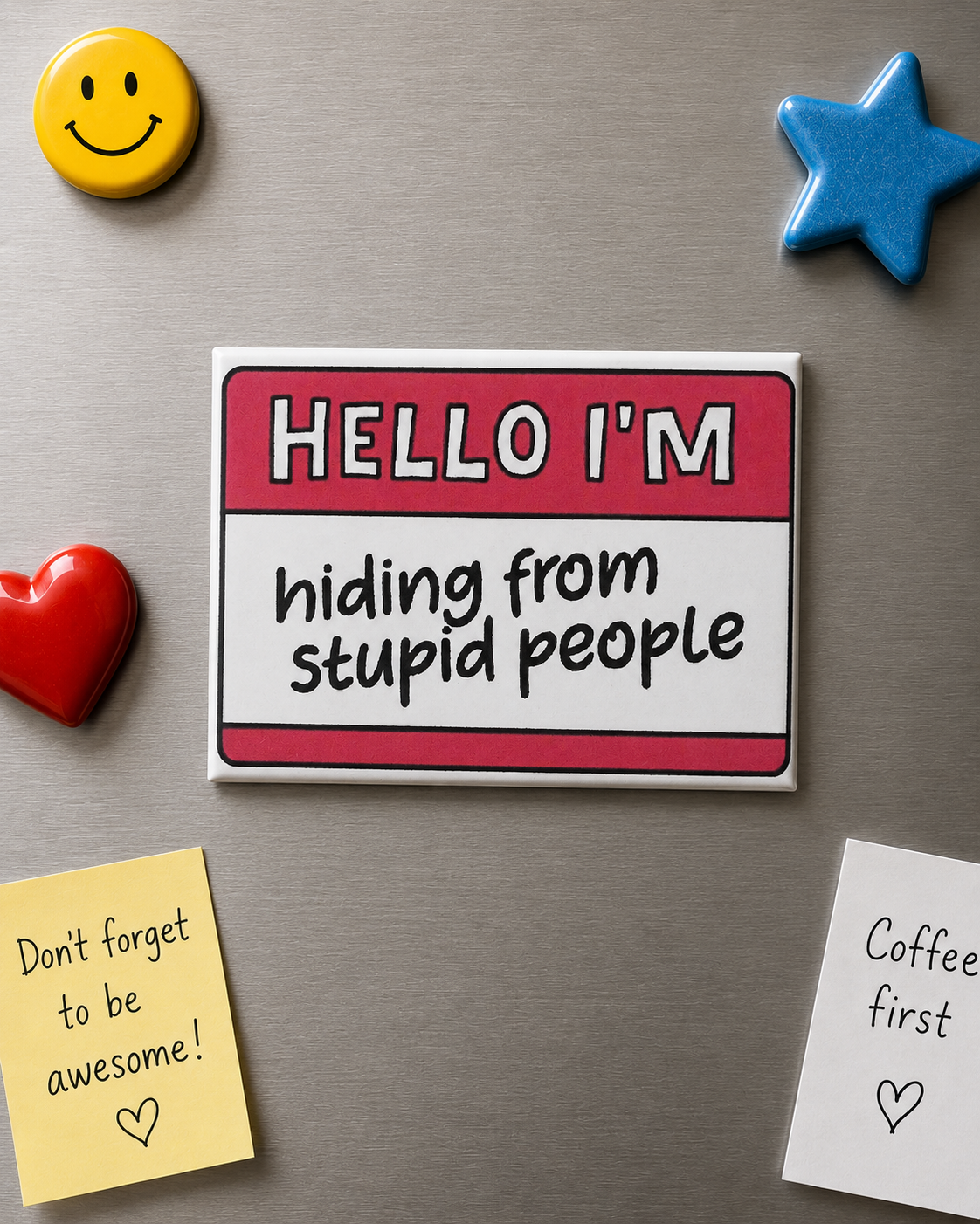 “Hello I’m Hiding From Stupid People” Funny Fridge Magnet