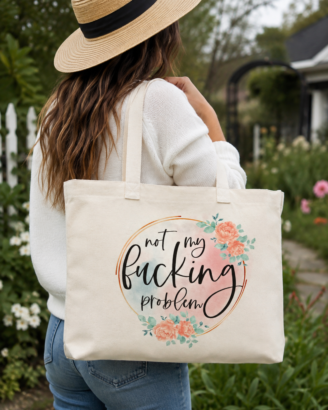 Product Title
“Not My Fucking Problem” – Floral Funny Tote